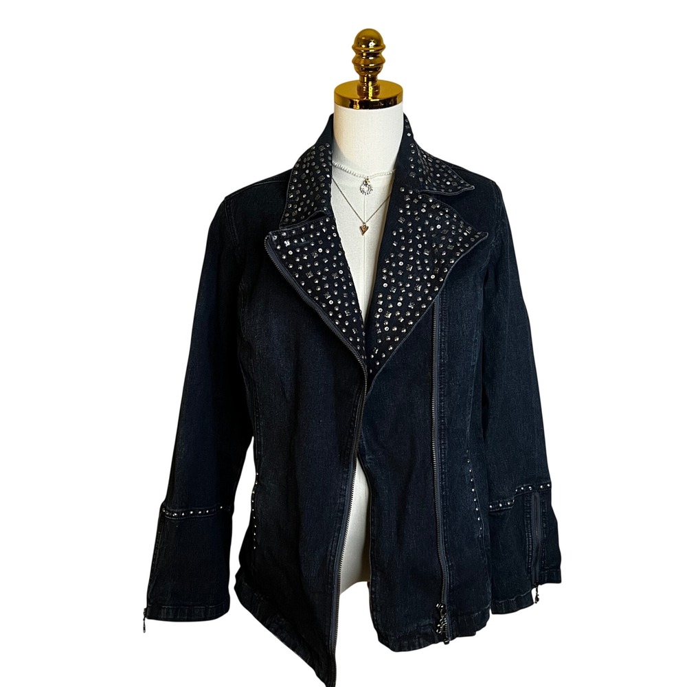 Dark Wash Studded Denim Moto Jacket Asymmetrical Zip Punk Rock Edgy Size Large
